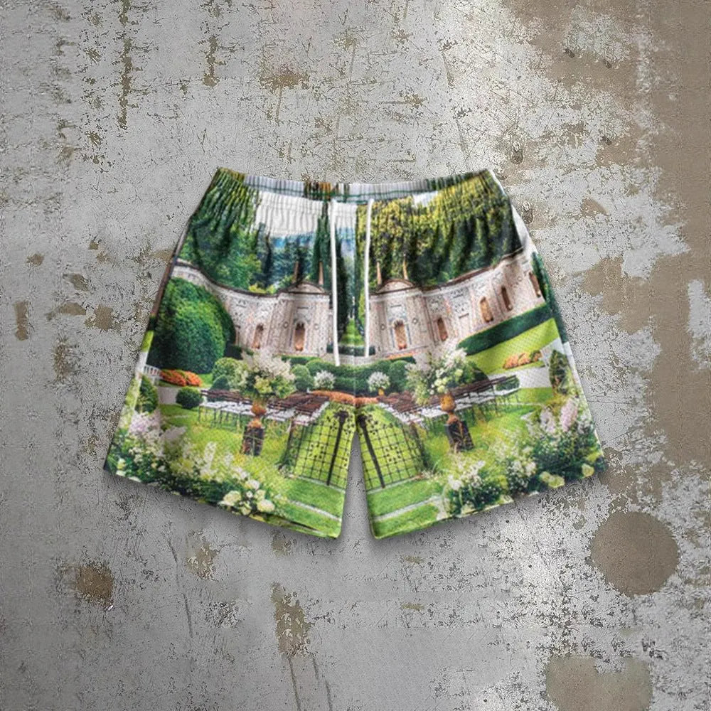 Men's digital print beach shorts in loose fit with elastic waistband and quick-dry polyester fabric