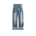 Men's washed blue baggy jeans with pleated front detail and straight-leg cut