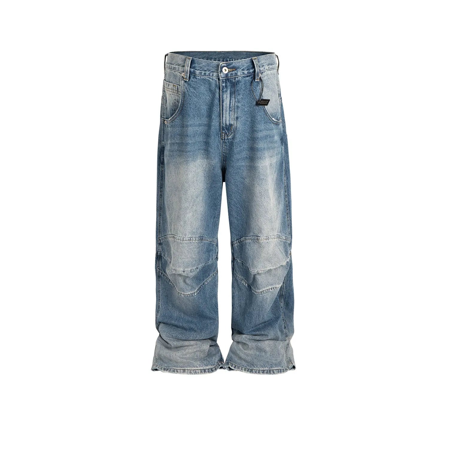 Men's washed blue baggy jeans with pleated front detail and straight-leg cut