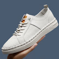 Men's beige and black cowhide leather sneakers with round toe and mesh lining