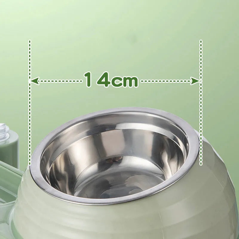 Brown automatic cat water dispenser and elevated food bowl set on a floor.