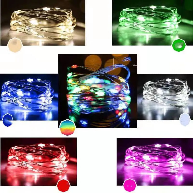 Close-up of flexible copper wire string light with 120 tiny LED bulbs, shaped in a spiral next to the battery control box.