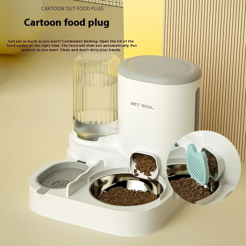 Automatic cat water fountain with two stainless steel food bowls attached, in avocado green colour.