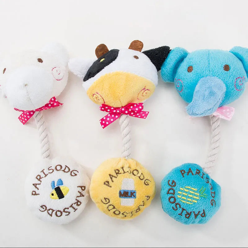 Interactive plush dog toy with sound module and cotton rope in animal designs