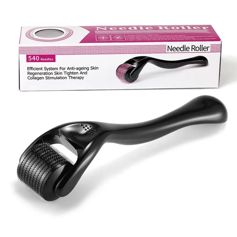 Black and purple derma rollers with 540 titanium microneedles, shown with size options from 0.2mm to 1.0mm.