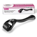 Black and purple derma rollers with 540 titanium microneedles, shown with size options from 0.2mm to 1.0mm.