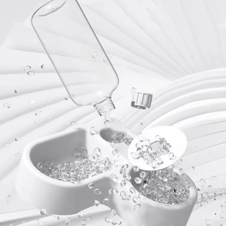 White pet water fountain for cats and dogs with adjustable water flow, showing compact size.