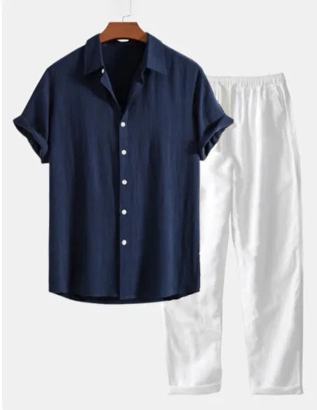 Cotton linen casual summer suit in navy blue with matching accessories including glasses, shoes and watch