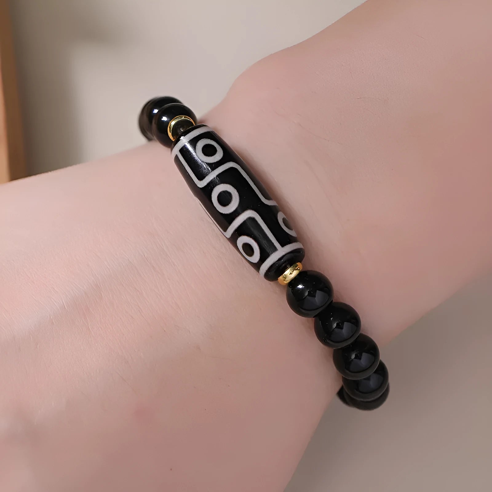 Tibetan Dzi bead bracelet made from obsidian agate with traditional ethnic patterns for unisex couple wear
