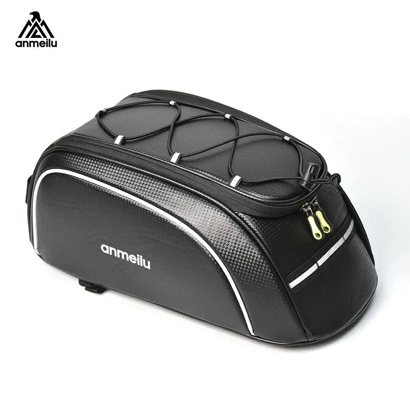 Waterproof black cycling bag mounted on bicycle rack with 8L capacity
