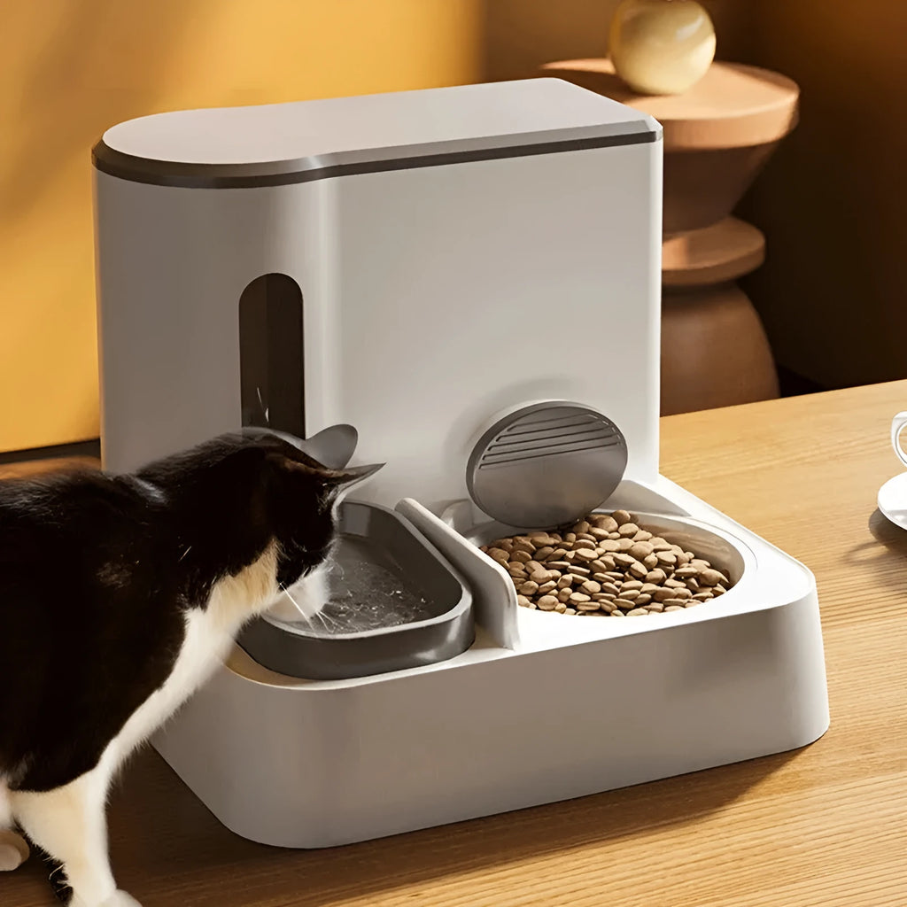 Grey cat automatic feeder with water dispenser and stainless steel bowls