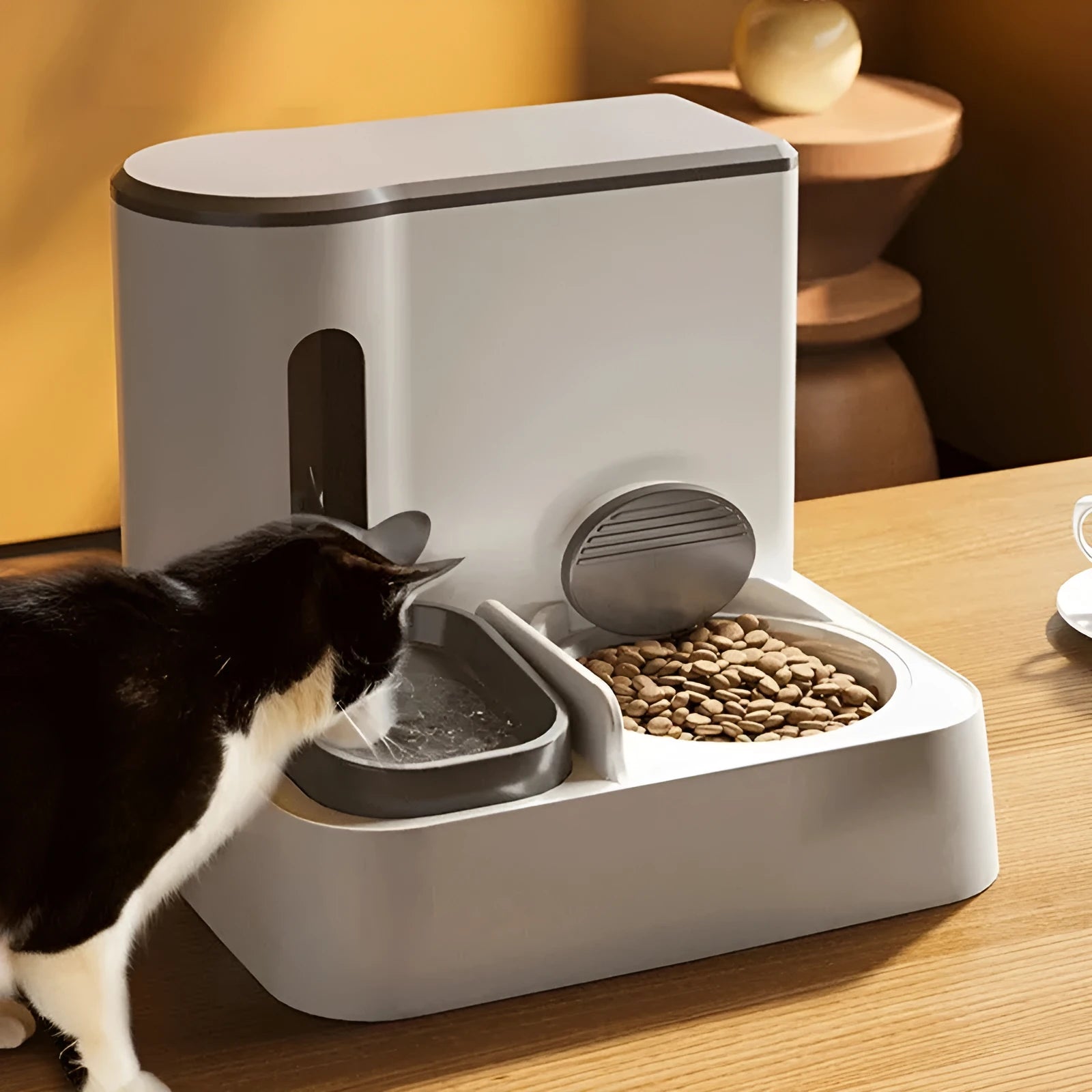 Grey cat automatic feeder with water dispenser and stainless steel bowls