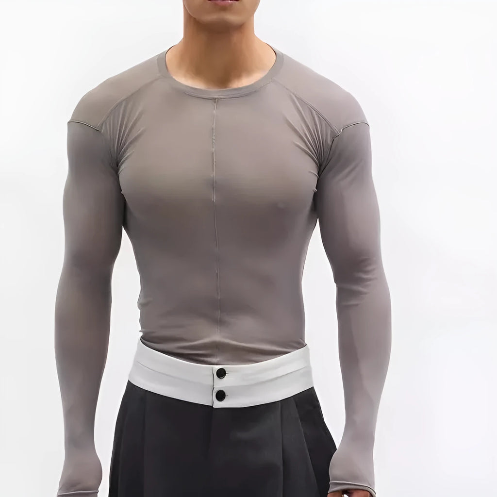 Black mesh see-through slim-fit long sleeve pullover on a hanger.