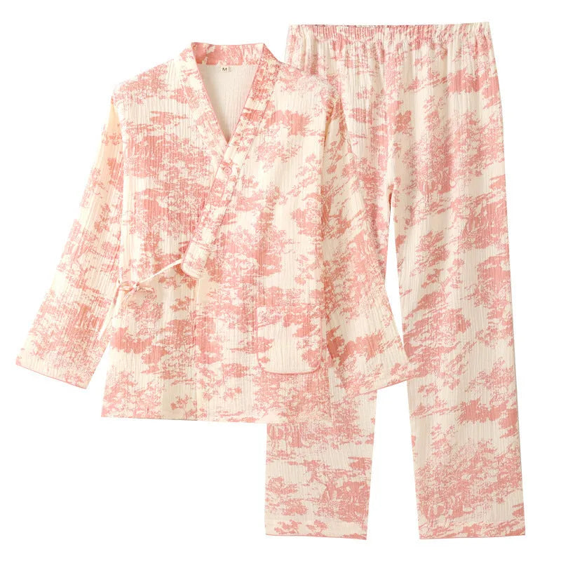Women's pink pure cotton gauze two-piece suit with lace-up long sleeve top and full-length trousers.