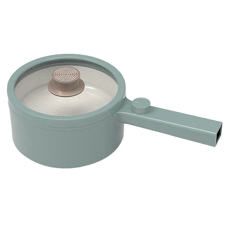 White and green portable electric cooking pot with multi-function controls and international plug