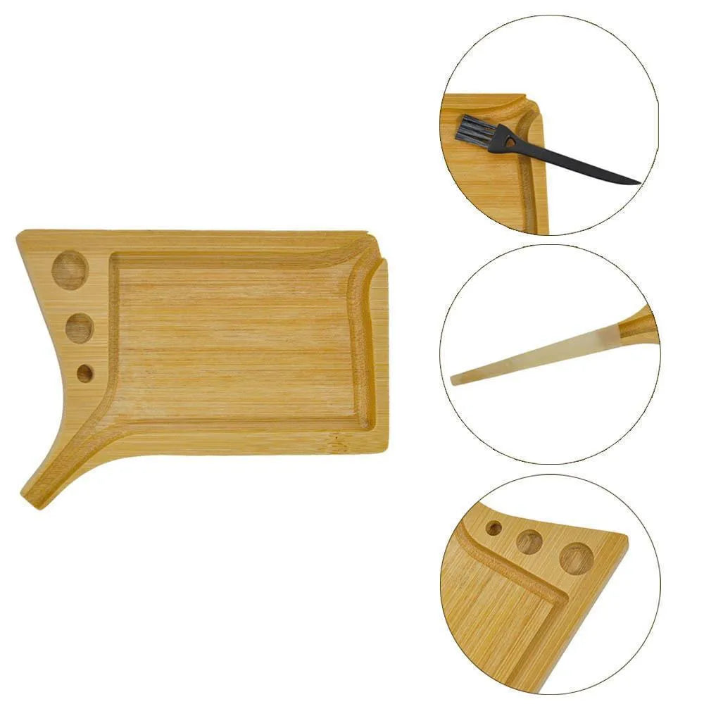 Wooden slotted funnel-type cigarette tray set in bamboo with cleaning brush, natural wood colour