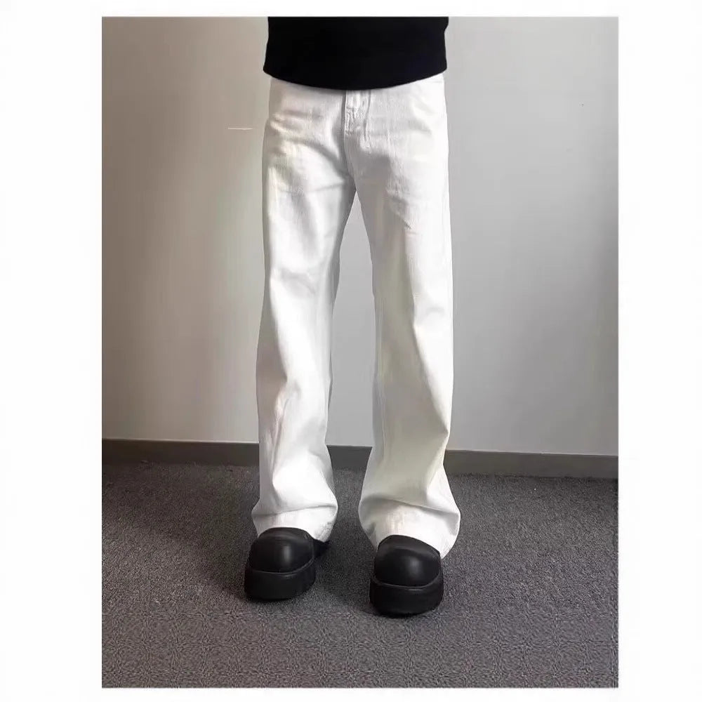 Men's straight wide-leg loose fit white denim jeans on a mid waist.