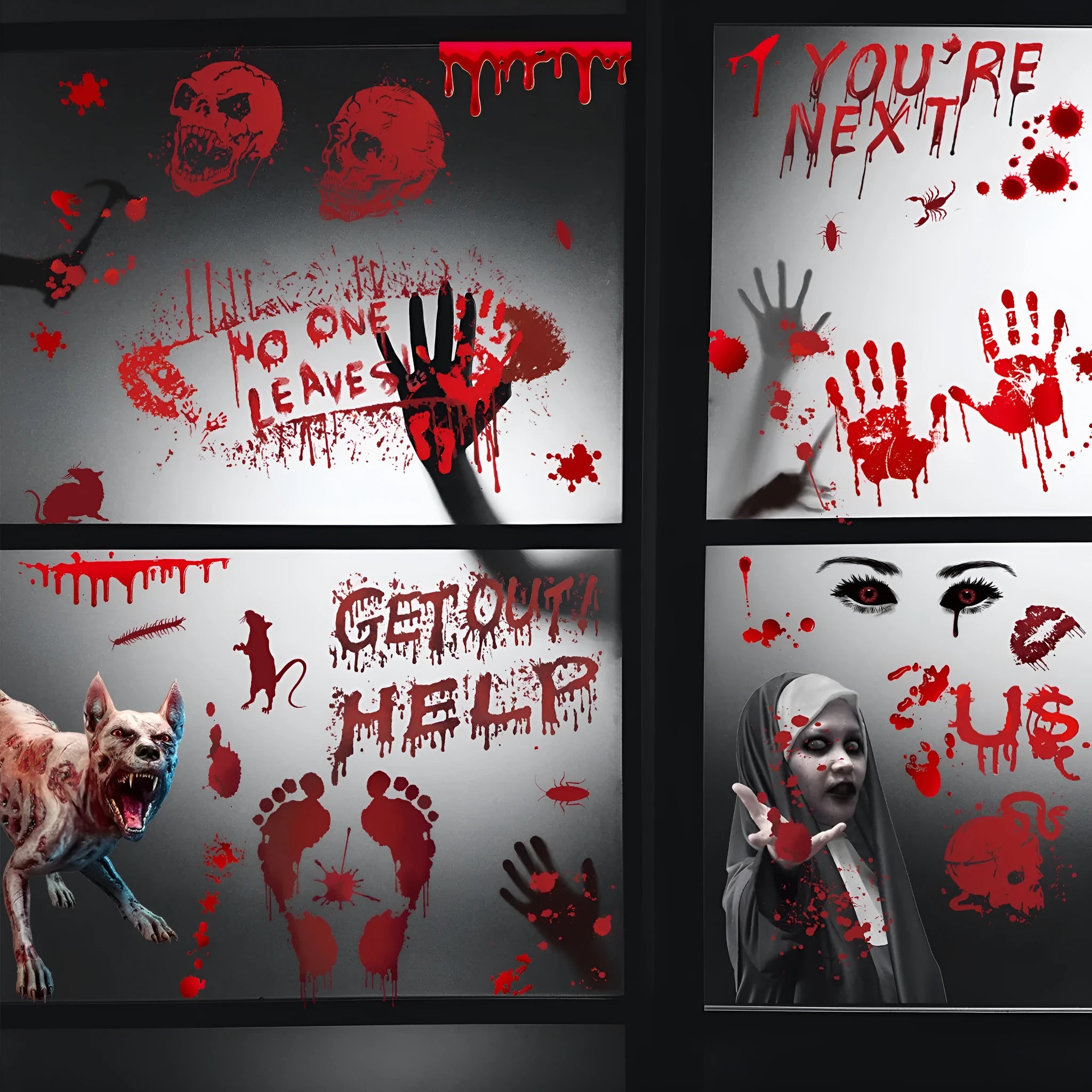 PVC horror wall sticker set with blood hands, feet, and skull motifs in New Blood Stain colour on a smooth wall