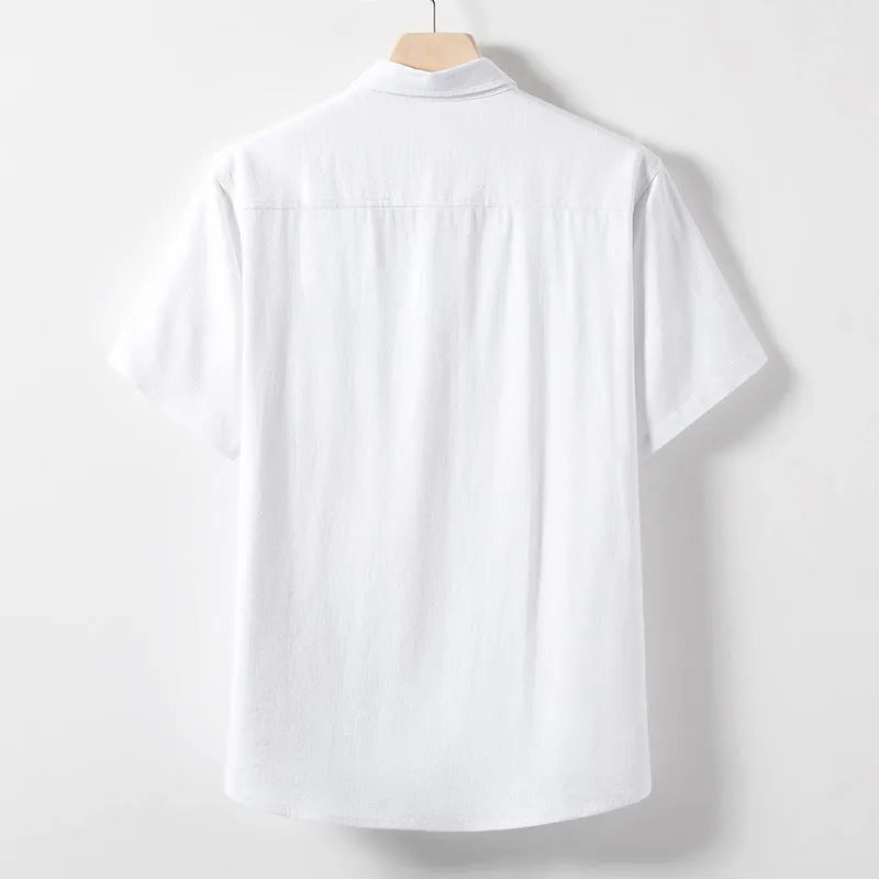 Men's loose fit linen blend t-shirt with lapel collar in optic linen colour.