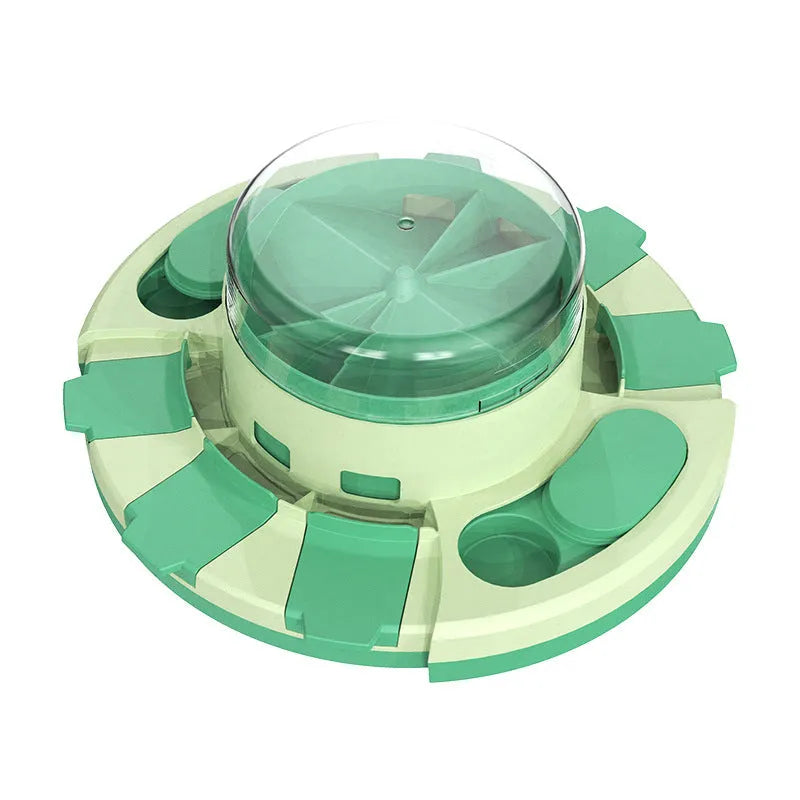 Plastic pet toys including food leakage bear, bulb tumbler cat toy, and educational puzzles in various colours