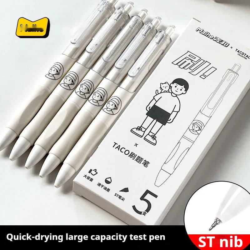 Five black ballpoint pens with 0.5mm tips for exam writing and signatures