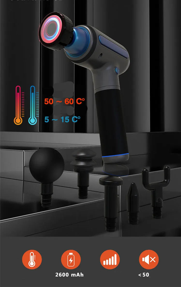 Handheld muscle massager with hot and cold compress, five massage heads, gun colour PC+ABS shell