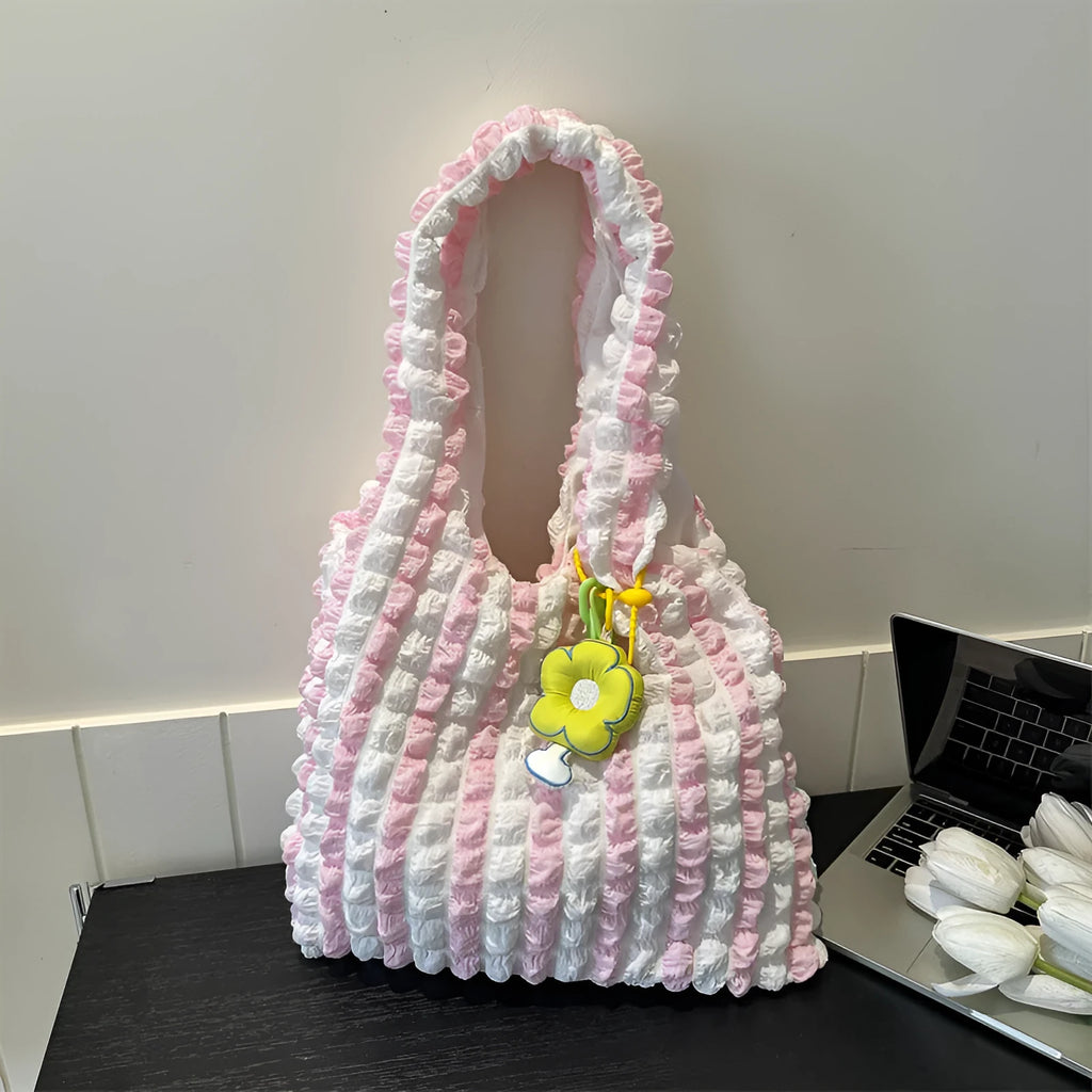 Women's pleated bubble crossbody bag in soft polyester with pendant accessory in vertical square design