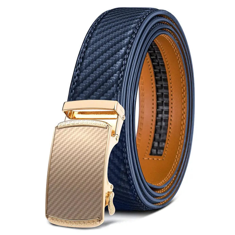 Men's embossed PU leather belt with an automatic alloy buckle in a neutral colour.