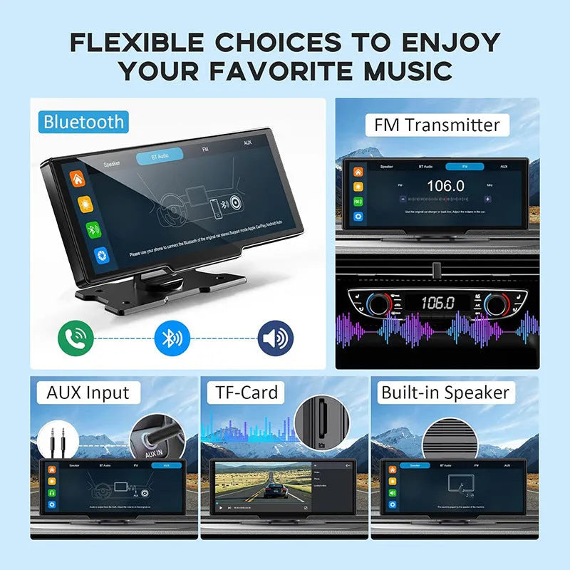 Black 10.26-inch touch screen car navigation and dual lens dash cam mounted on a windscreen.