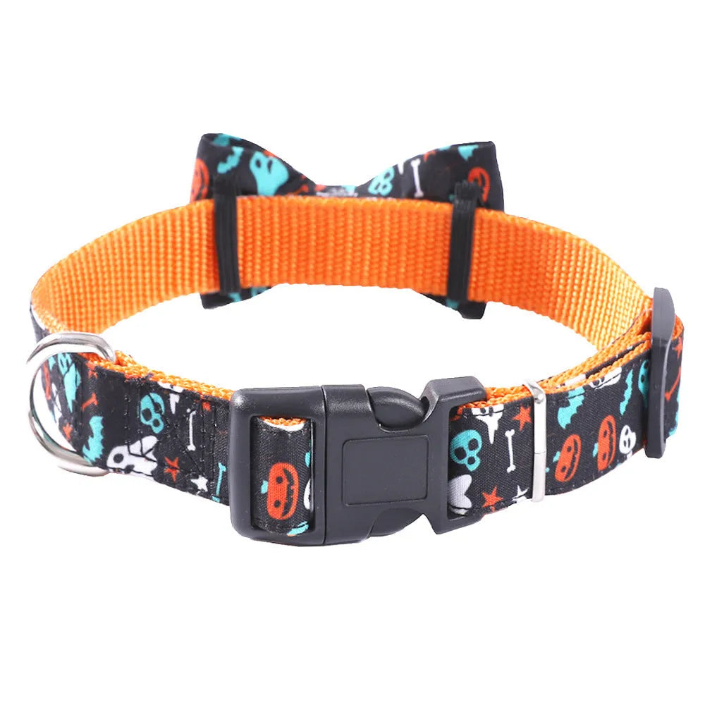 Cat collar with geometric pattern in black ghost, yellow pumpkin, and black skull colours, made from polyester, available in sizes XS to L.