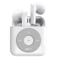 White wireless Bluetooth earphones with semi-in-ear design and a matching white charging case with 32GB storage.