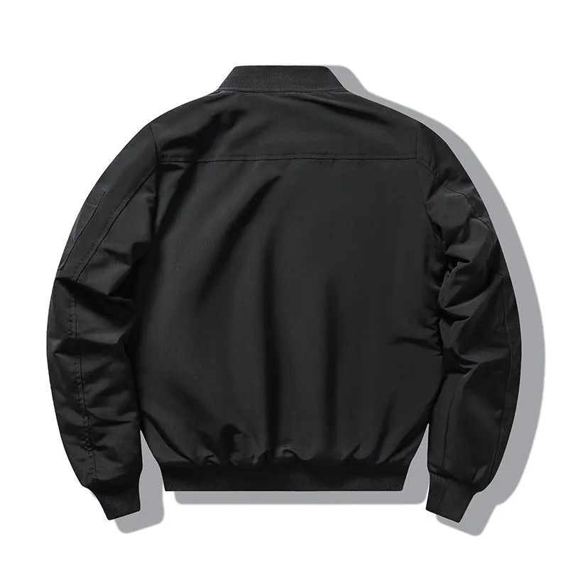 A man's slim-fit black retro motorcycle jacket with a stand collar, embroidery detail, and patch pockets.