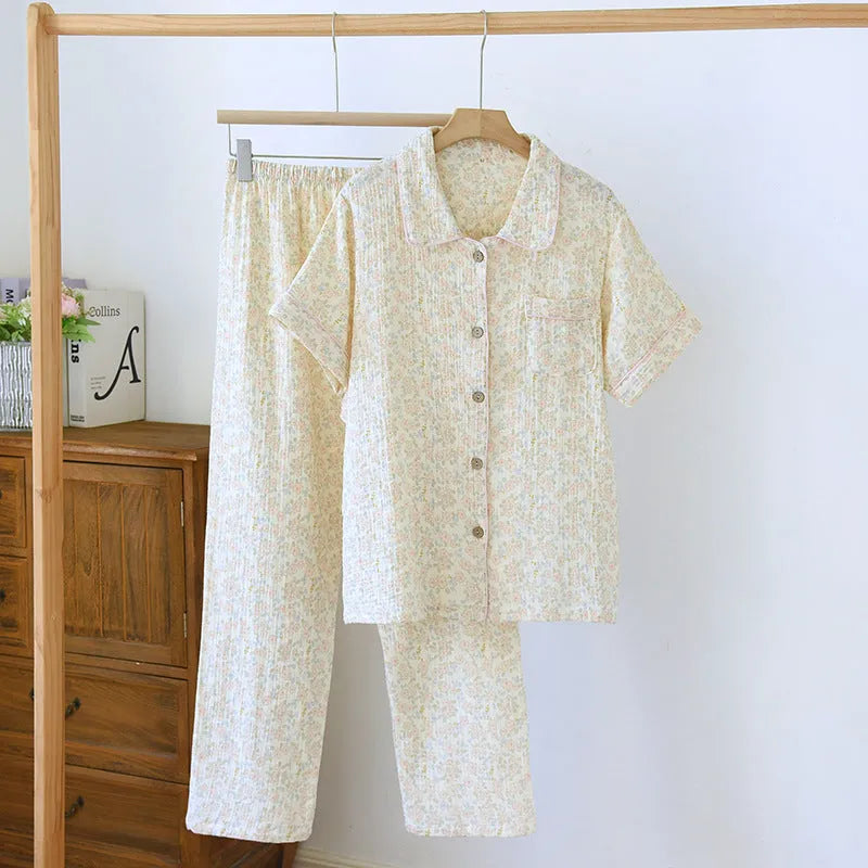 Women's washed cotton short-sleeve trouser outfit set in Flower Sea pattern