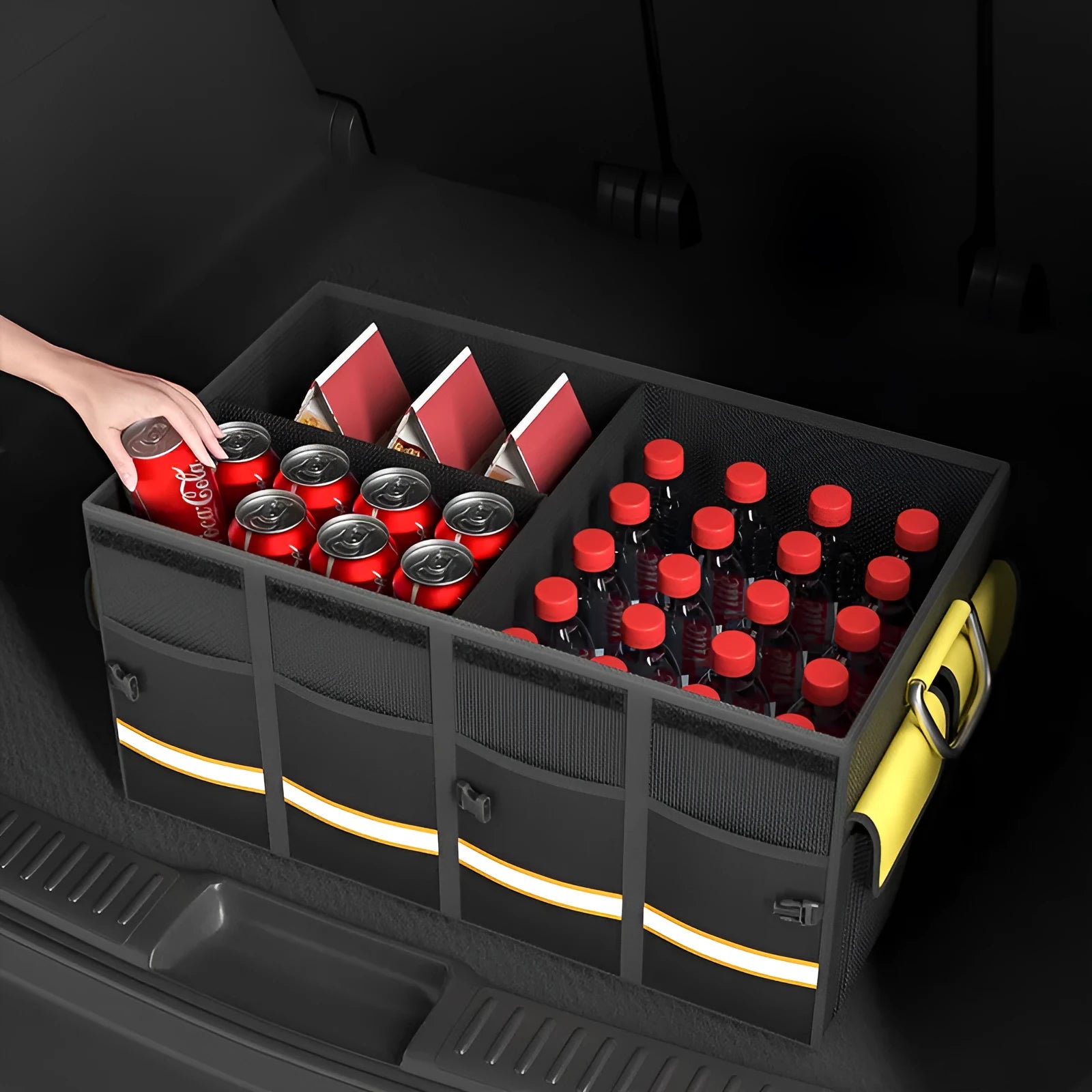 Black and yellow foldable fabric car boot storage organiser bag with handle.