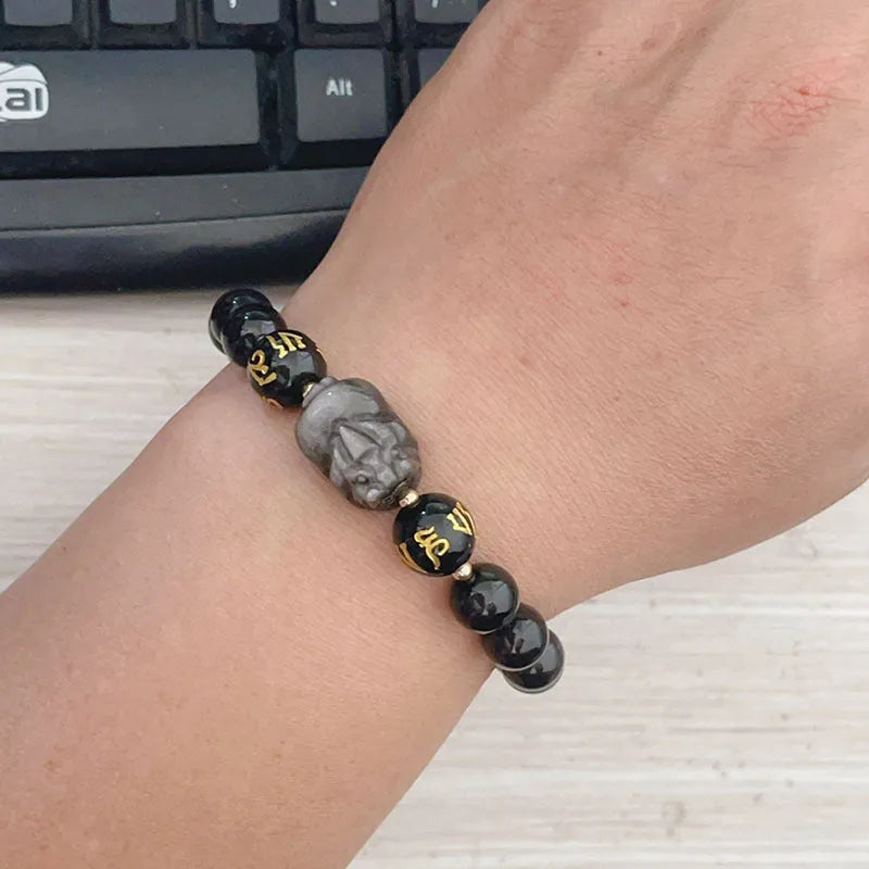 Men's natural silverstone bracelet with Chinese zodiac design and manual bead stringing