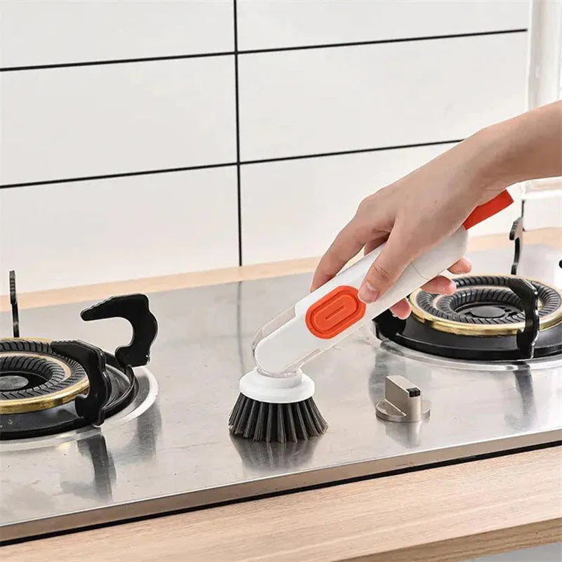 Long-handle kitchen cleaning brush with liquid dispenser and two brush heads in white and green