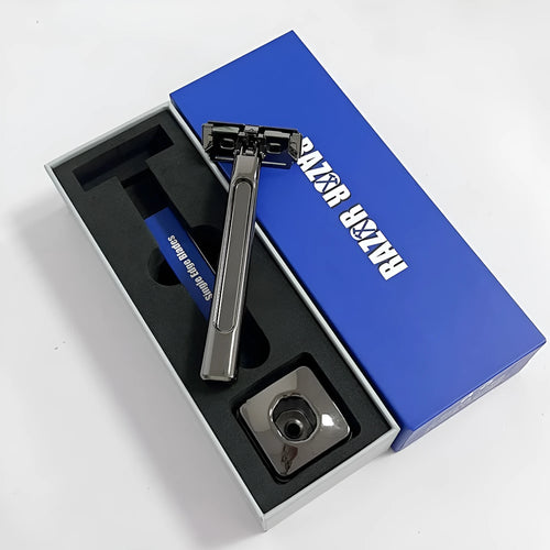 20T double-layer half-blade manual shaver with suspension head in bronze finish, next to a pack of 10 blades.