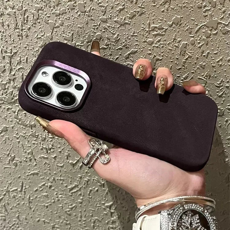 Magnetic leather flannel hard case for iPhone in silver grey colour showing velvet texture
