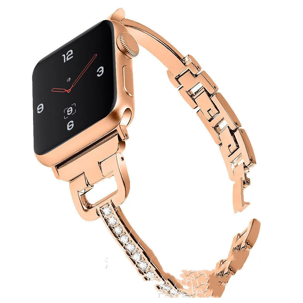 Apple Watch metal strap with diamond pattern in D-shaped connector design showing multiple colour options