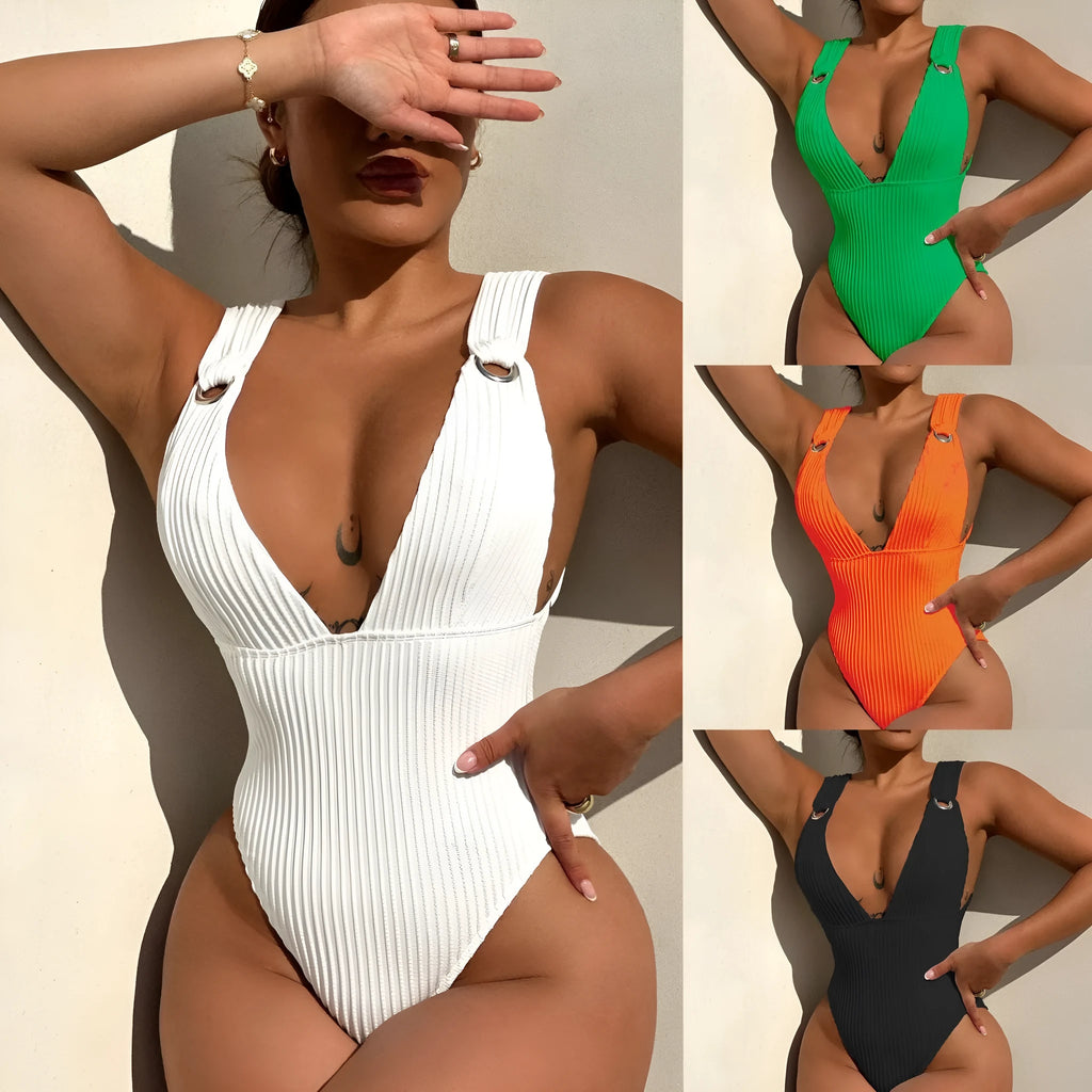 Women's solid colour one-piece swimsuit on a hanger, available in black, white, green, and orange.