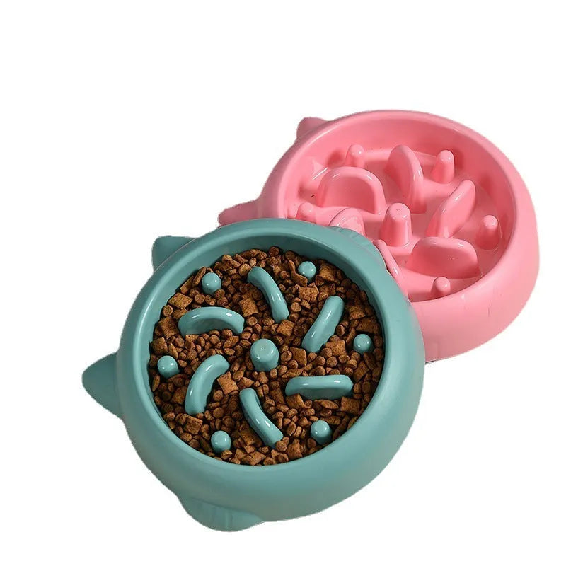 Pet slow feeder bowl in green with fun-shaped obstacles to slow eating and prevent gulping