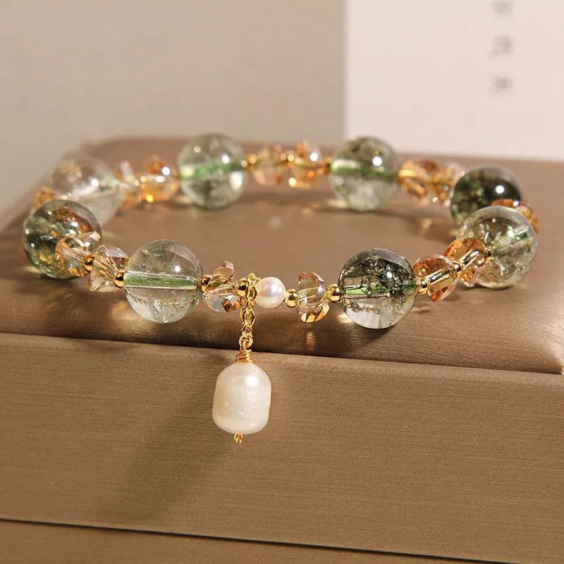 Green phantom quartz crystal bracelet with champagne small gravel crystals in Japanese Korean style