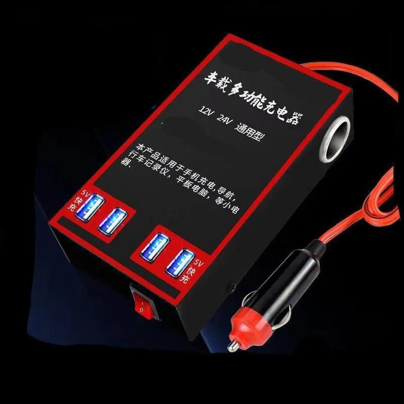 Black 12V 24V to 220V automotive power converter with car cigarette lighter plug and USB ports
