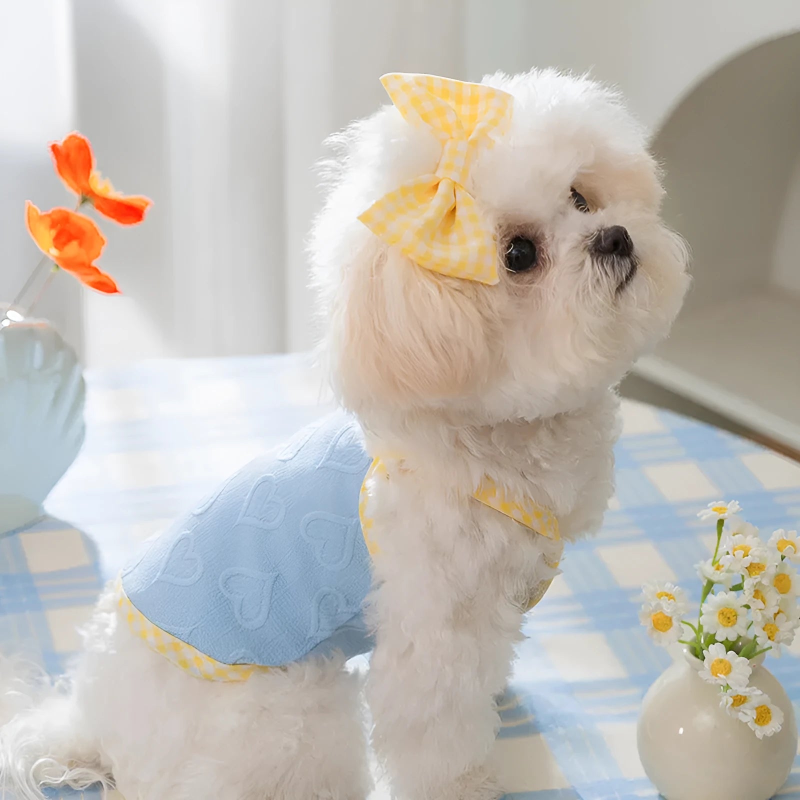 Small dog wearing a blue vest with heart texture and bow suspenders, showing adjustable elastic sides.