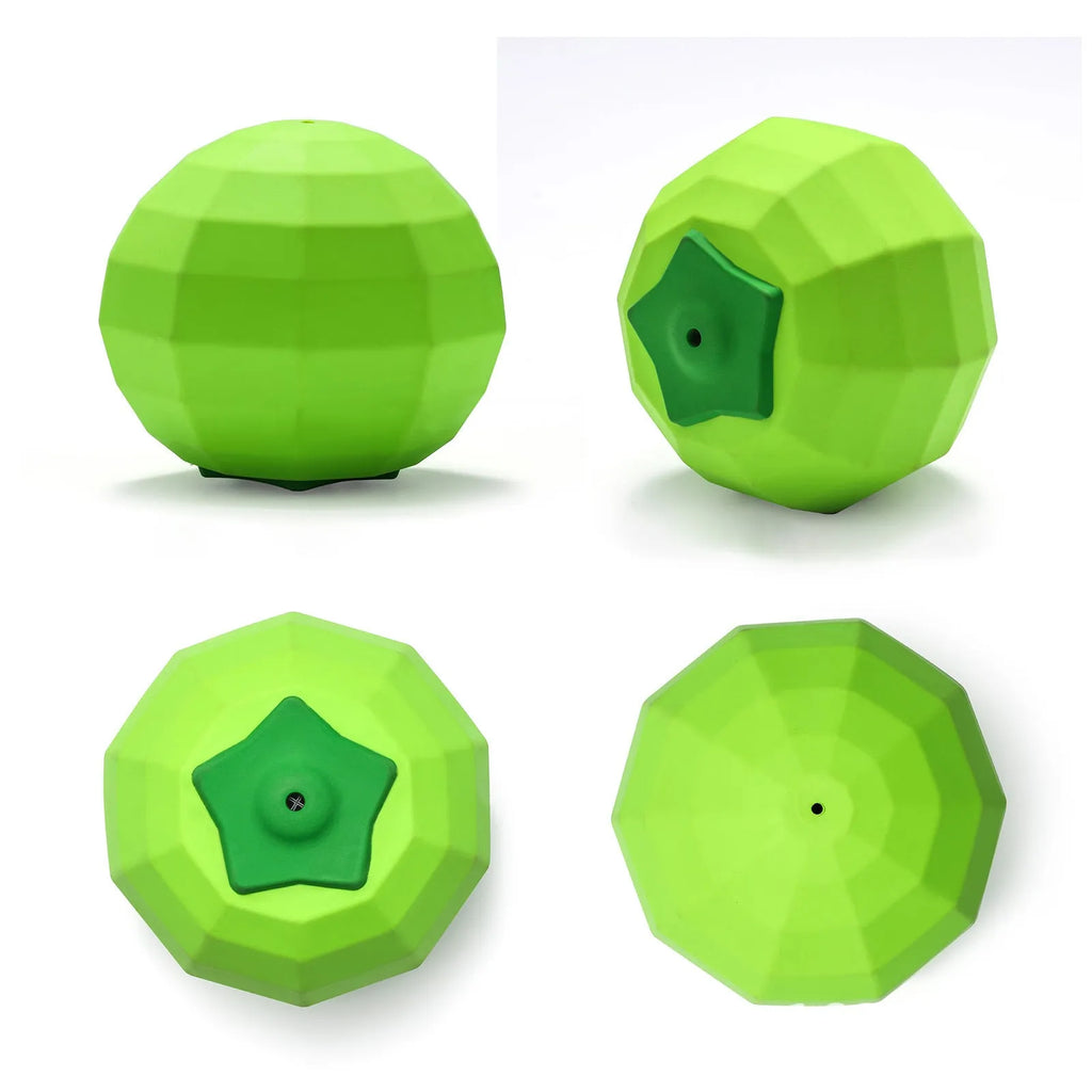 Green beef-flavoured natural rubber squeaky ball dog toy for large breed chewing.