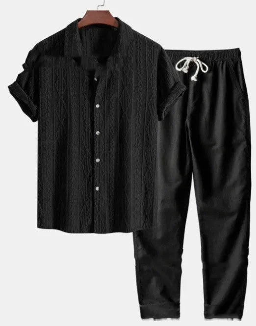 Men's loose-fitting short sleeve shirt and trousers set in milk silk fabric for summer casual wear