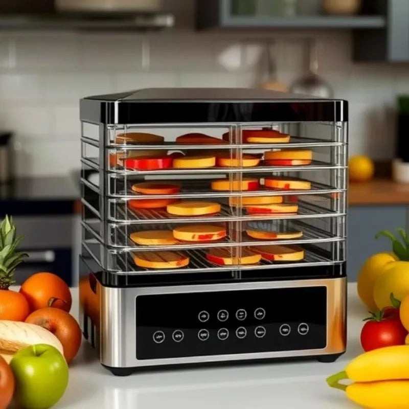 Silver stainless steel fruit dehydrator with multiple drying trays and digital temperature controls