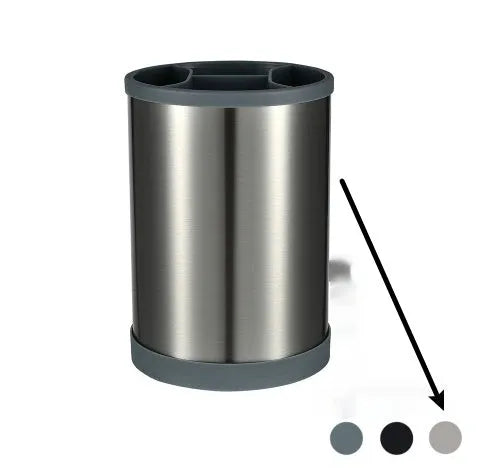 Black silicone kitchen utensil set with 12 tools in a rotating storage bucket on a kitchen countertop