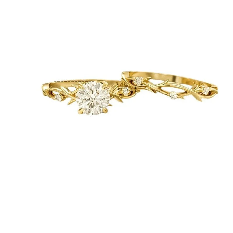 Rose gold copper geometric couple ring set with simulation diamonds on a white background, size No.8 shown