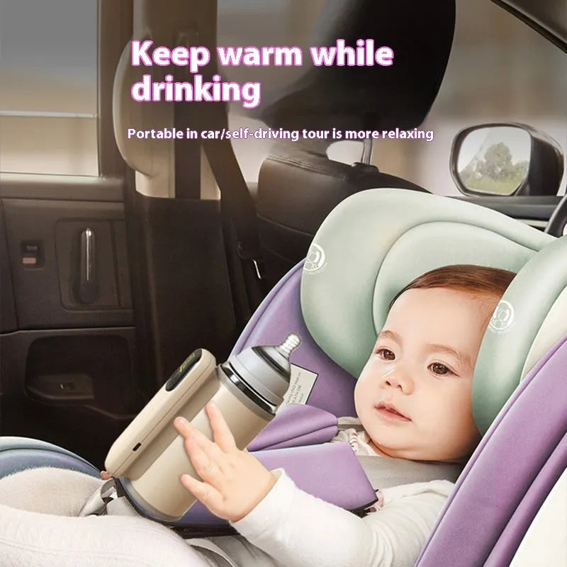 Universal baby bottle insulation warmer with grey sleeve and digital display showing temperature